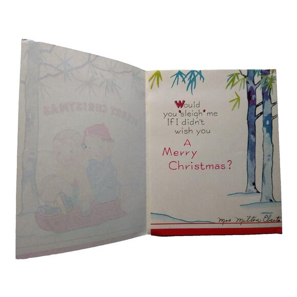 Merry Christmas Greeting Card Vintage Children On Sled Mid Century Modern - Picture 2 of 3